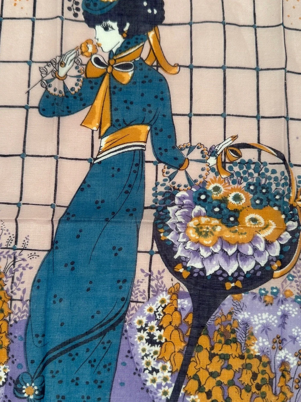 Vintage Fisba Stoffels Handkerchief EUC Art Nouveau Lady Print Silk Scarf Swiss